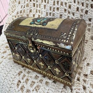 Western Germany Vintage Trinket Box Brown Gold Fleur De Lis Heraldic Dome Trunk